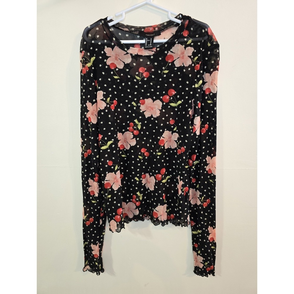 Y2K Cherry Mesh Long Sleeve Sheer Top Medium Coquette Whimsigoth Indie Sleaze
